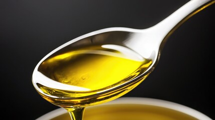 A close-up view of a spoonful of golden liquid, possibly olive oil, glistening against a dark background, emphasizing its texture and color.