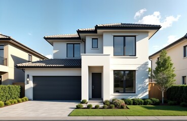 Fototapeta premium Modern house in new residential area. Exterior view of newly built home. White facade with dark roof, garage door. Landscaping around house includes well-maintained gardens, grass. Residential estate