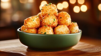 green bowl of tater tots,  