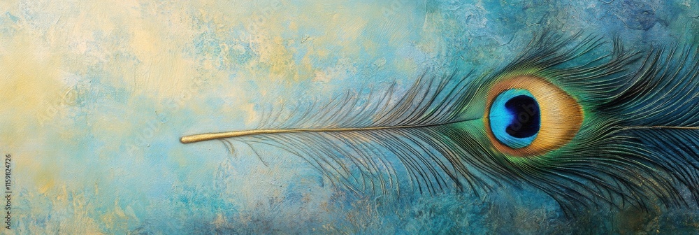 Leinwandbilder Intricate close up of a peacock feather showcasing vibrant colors and delicate textures with ample space for text insertion. Generative AI
