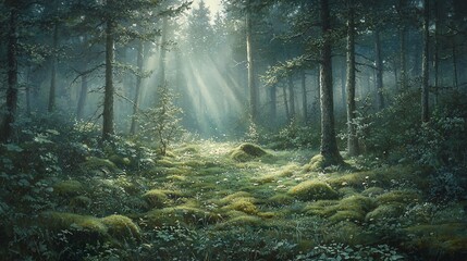 Fototapeta premium Sunbeams illuminating a mystical forest floor covered in lush moss.
