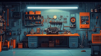 Fototapeta premium Well-equipped garage workshop with tools and engine. (1)