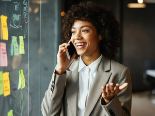 A cheerful businesswoman is engaged in a lively phone conversation in office