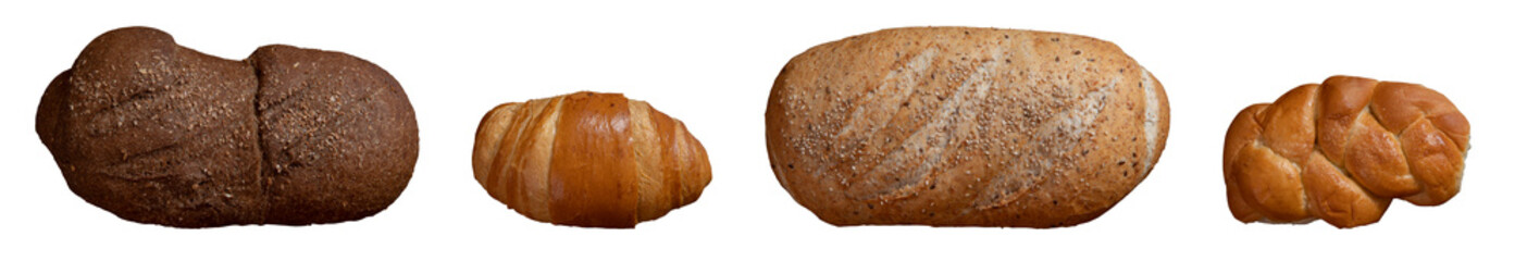 Four different loaves of bread, sweet bread, whole wheat bread, butter bread and black bread