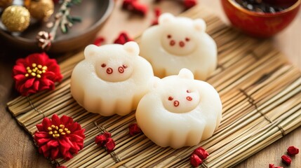 Cute Bear-Shaped Dessert on Bamboo Mat with Flowers and Decorations