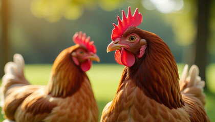 Fototapeta premium Two Beautiful Chickens in a Sunny Meadow