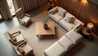  A modern living room features a beige sofa, two matching armchairs, a wooden coffee table with a vase of greenery, and two floor lamps, all arranged on a beige rug.