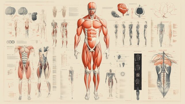 Detailed anatomical chart of the human muscular system.