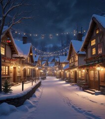 Obraz premium Snow-covered village with festive lights and decorations, wintry landscape, quaint buildings