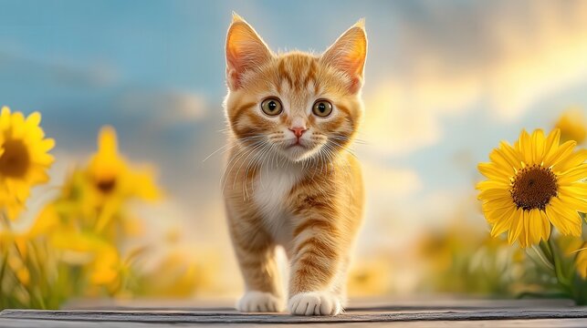orange and white calico cat walking in a minature city, sunny weather,  e