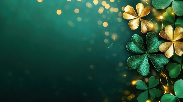 st. patricks day web banner with shimmering green and gold and glittering lights and rainbow pot of gold "St. Patrick's Day" 