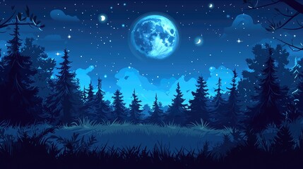 A full moon glows above a dark, forested landscape.