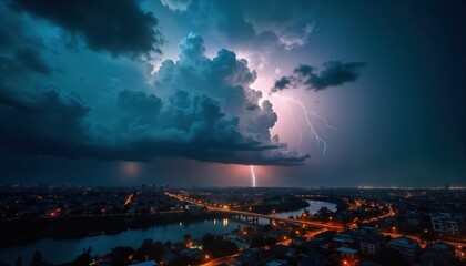Urban city scene under dramatic nocturnal thunderstorm. Bright lightning illuminates dark clouds above cityscapes. Heavy rain falls over river, streets. City lights reflect on river water. Buildings,