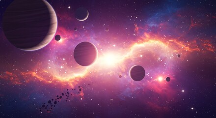 Vibrant Cosmic Celestial Landscape with Glowing Planets and Nebulae in Surreal Space. phone background movile background wallpaper