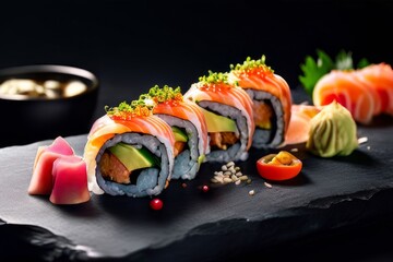 Artfully presented sushi rolls on a sleek black plate, highlighting fresh ingredients and vibrant colors. Perfect for food photography, culinary magazines, and promotional materials.