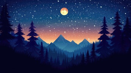 Naklejka premium Silhouetted Pine Trees and Mountains Under a Starry Night Sky