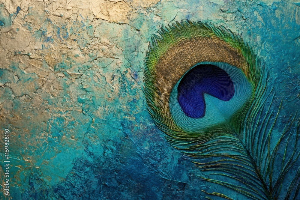 Fototapete Intricate close up of a peacock feather showcasing vibrant colors and textures against a soft background with space for text. Generative AI