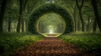 Obraz premium Mystical forest path with a leafy archway leading to a bright light.