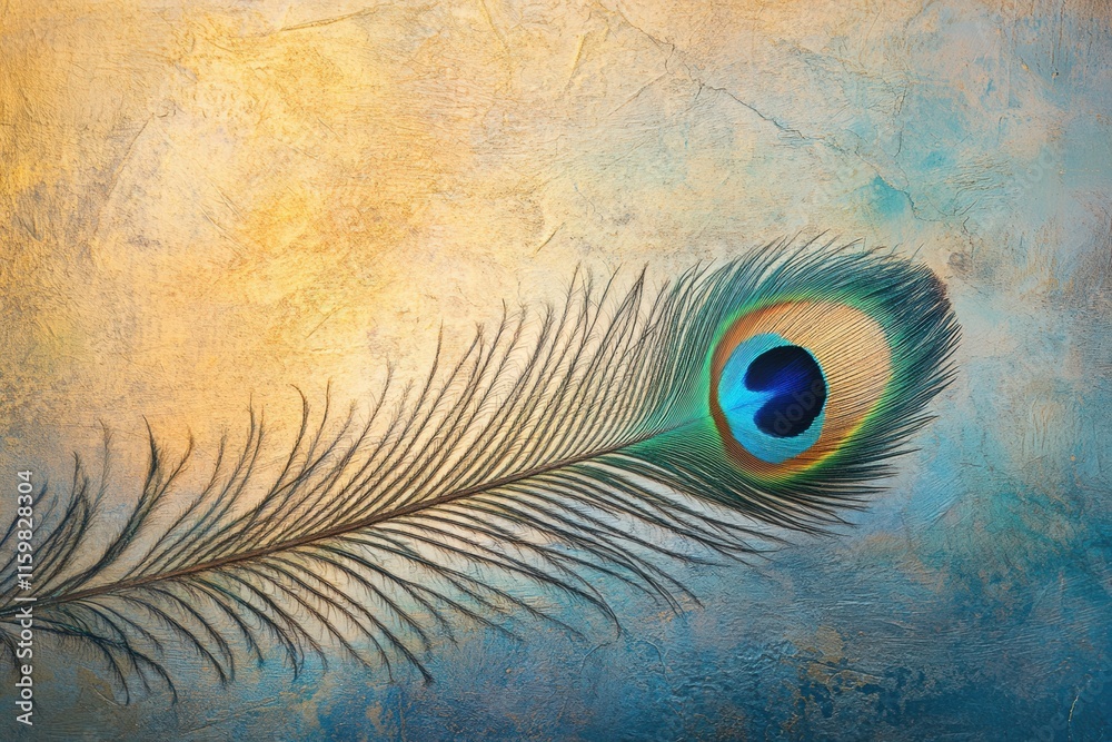 Poster Close up study of a peacock feather showcasing intricate textures and vibrant colors with space for additional text. Generative AI
