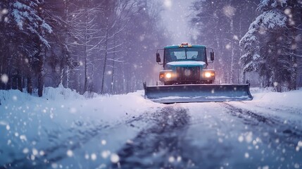 Snowplow driving through a snowy road, clearing pathways for safe transportation, illustrated in a detailed, realistic art style