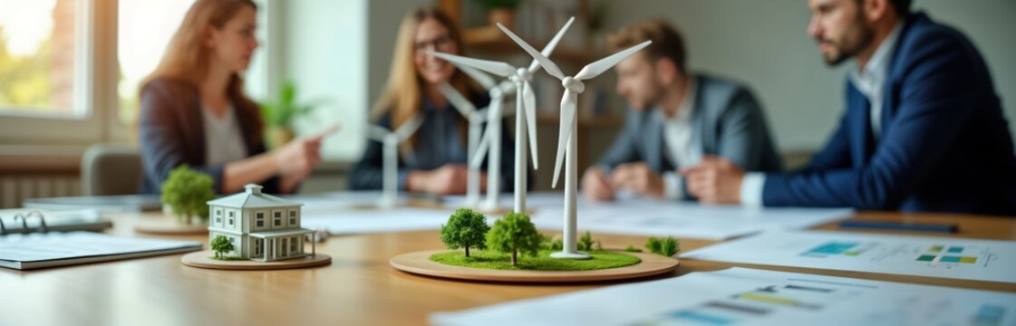 Business team discusses eco-friendly projects. Professionals collaborate on sustainable energy solutions. Models of wind turbines, houses illustrate ideas. Indoor workspace. Eco-friendly buildings,