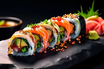 Exquisite sushi rolls topped with salmon, garnished with herbs and spices. Captivating image for food enthusiasts, chefs, and online platforms focusing on gourmet dining experiences.