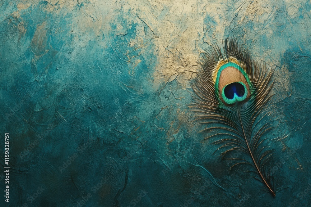 Aufkleber close up view of a vibrant peacock feather with intricate textures on a blue background for mock up 