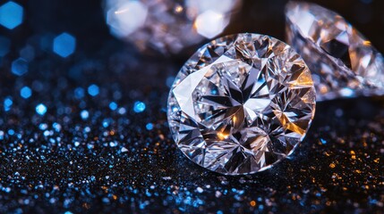 Fototapeta premium Sparkling diamonds on dark glitter background.