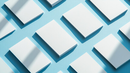 A Grid of Blank White Business Cards on a Blue Background with Sun Shadows