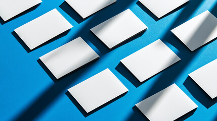 Fototapeta premium A Grid of Blank White Business Cards on a Blue Background with Sun Shadows