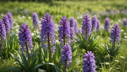 Obraz premium Sprightly purple hyacinths blooming in a sunny meadow , purple, green