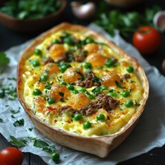 Delicious Savory Pie with Melted Cheese, Peas, Minced Meat, Fresh Cherry Tomatoes and Herbs on Rustic Wooden Table, Perfect for Hearty Meal or Comfort Food Lovers
