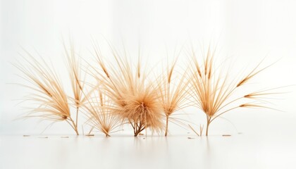 Obraz premium Dry tumbleweeds stand against white background. Minimalist design shows plants, isolated in flat lay. Natural image dried plant. Image perfect for nature, desert eco themes. Symbol of desolate