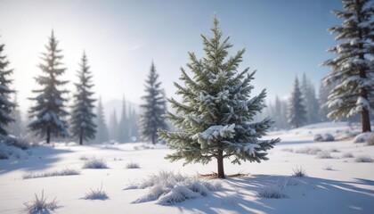 Fototapeta premium Spruce tree in a white snow-covered landscape with frosted needles, white, serene, snow