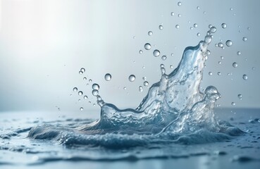 Frozen water droplet splash shows dynamic fluid motion. Close-up view captures clear water droplets, bubbles mid-air. Natural sparkling water surface detail with vibrant texture. High resolution