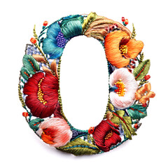Naklejka premium アルファベットの「O」の文字の刺繍（Embroidered alphabet letter 