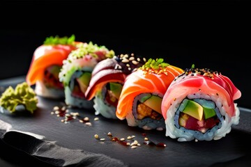 Exquisite sushi rolls topped with salmon, garnished with herbs and spices. Captivating image for food enthusiasts, chefs, and online platforms focusing on gourmet dining experiences.