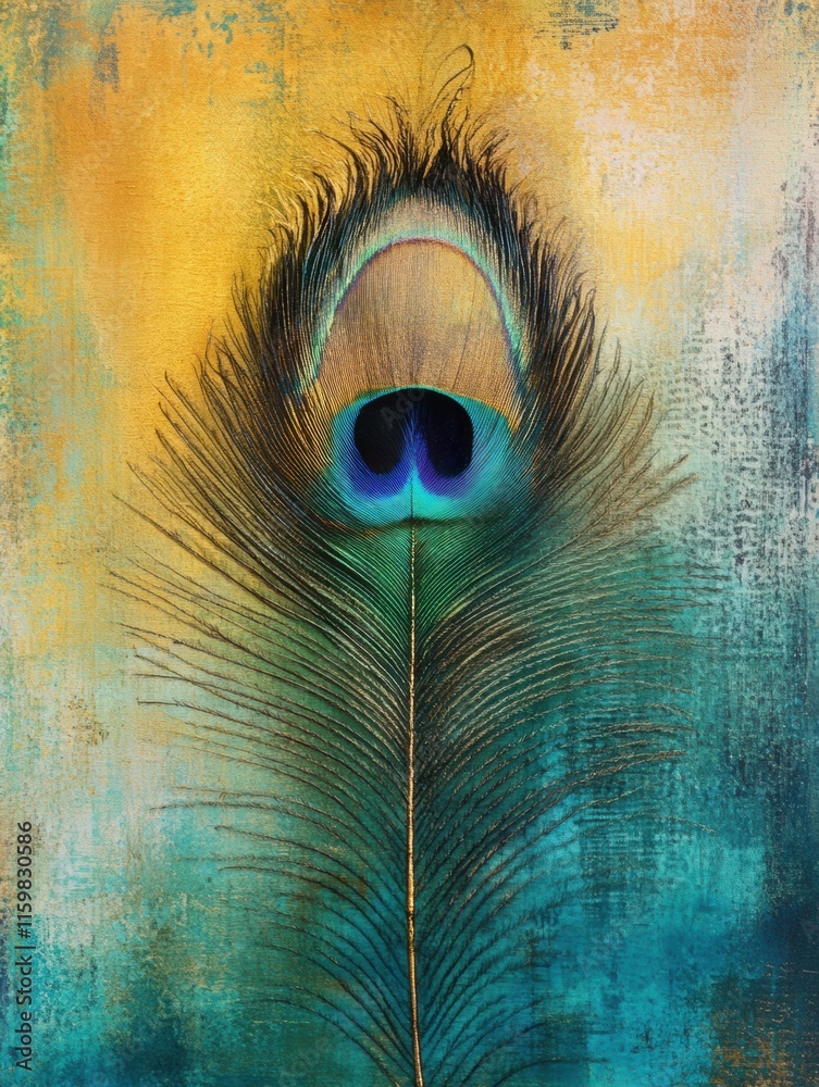 Poster close up view of a colorful peacock feather showcasing intricate textures and vibrant hues against a