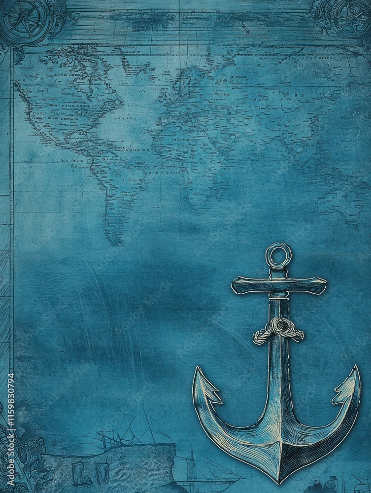 Aufkleber nautical anchor against a vintage map background for creative design elements and text placement. ge