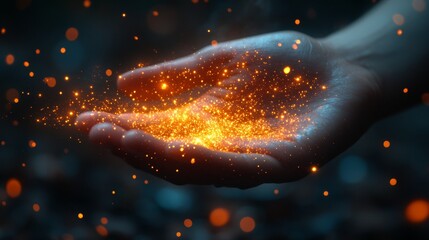 Hand holding glowing orange sparks in darkness