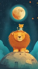 A whimsical scene of a lion and a small bear under a moonlit sky, evoking imagination.
