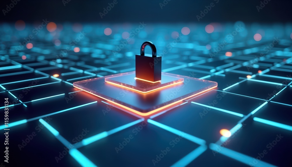Poster modern tech security concept. abstract digital network structure. lock symbol represents secure endp