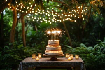Delightful birthday cake with sparklers at a garden celebration at night