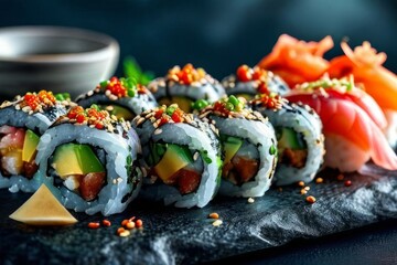 Gourmet sushi arrangement with vibrant ingredients, showcasing culinary artistry. Ideal for use in food blogs, restaurant menus, and marketing materials celebrating Japanese gastronomy.