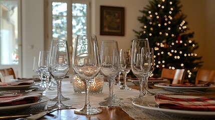 Festive Christmas dinner table setting with wine glasses and a decorated tree in the background.