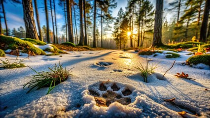 Naklejka premium Captivating Animal Paw Prints in Nature: A Close-up Study of Wildlife Footprints in the Forest, Sand, and Snow for Nature Enthusiasts and Animal Lovers
