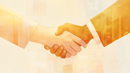 illustration of two hands shaking symbolizing partnership and cooperation with warm tones and abstract background elements
