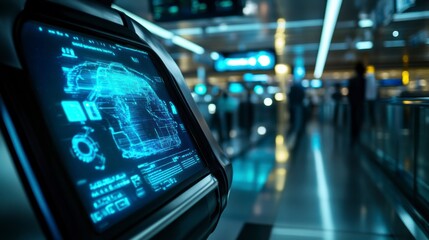 Futuristic digital interface in modern airport terminal, showcasing advanced technology for seamless travel and efficient passenger experience.