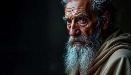 Aged man with weathered face, piercing eyes contemplates. Long gray beard, draped toga highlight dramatic chiaroscuro lighting. Ancient wisdom, profound intensity fill portrait. Contemplative