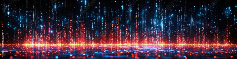 Poster abstract digital landscape with glowing particles and lines representing technology and data flow.